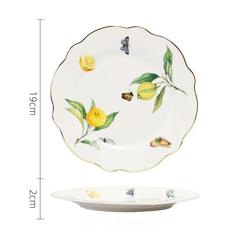 Plato de cerámica de estilo europeo para cena, elegante plato de carne con diseño de limón, juego de taza de café, plato de postre de cocina occidental