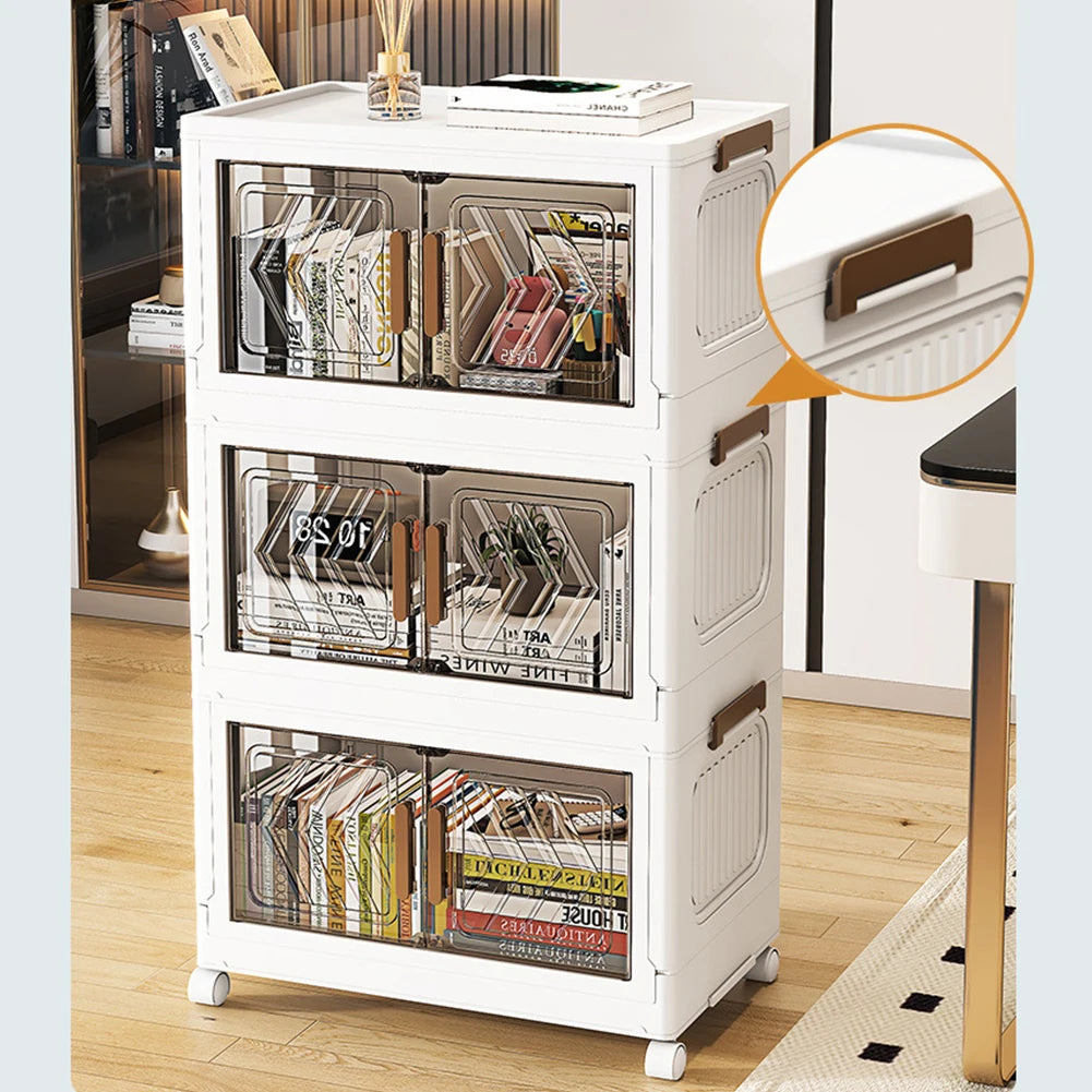 Contenedores de almacenamiento apilables de 4 niveles con puertas y ruedas, cajón organizador plegable para sala de estar, dormitorio y oficina.