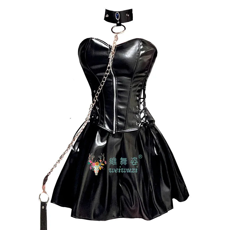 PU Leather Top and Skirt Set Vestido Strapless Top Shiny Hot Dress Tight Package Hip Queen Uniform Sexy Clubwear Cat Girl Set