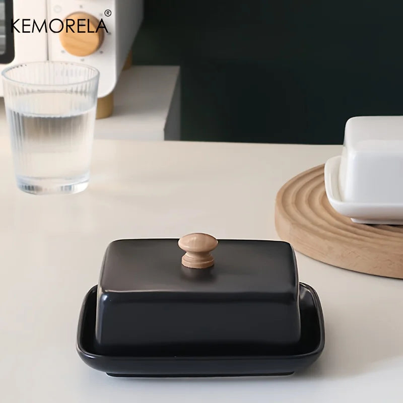 KEMORELA Mantequera de cerámica con tapa, rectangular, sellable, para guardar quesos, de alta gama y elegante para cocina y restaurante.