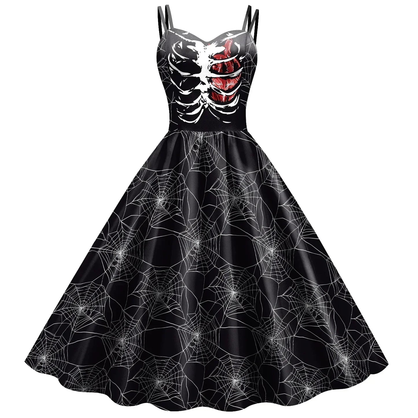 Halloween Costume Skeleton Rose Print Women Girl Female Goth Horror Rockabilly Carnival Fancy Dress Up Party Performance