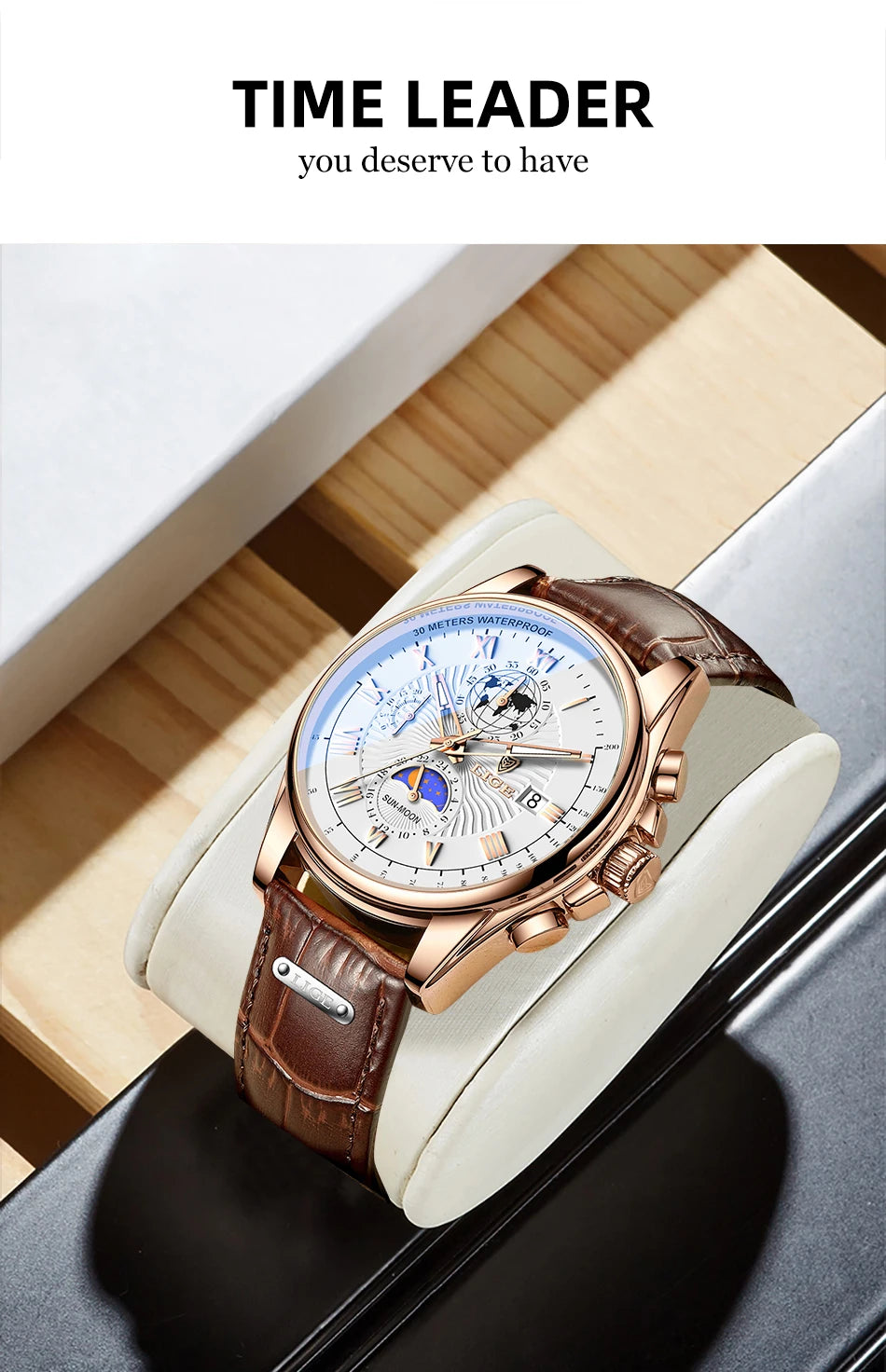 LIGE 2024 - Nuevo reloj de cuero azul para hombre, marca de lujo, resistente al agua, deportivo, con fecha, de cuarzo, Masculino
