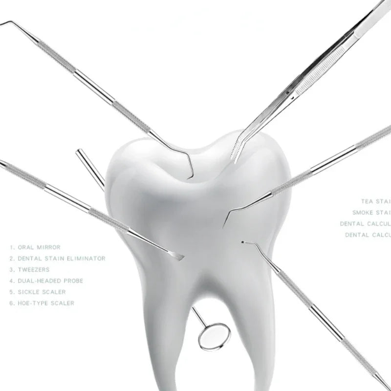 Juego de herramientas de acero inoxidable para dentistas, 4, 5 y 6 piezas, pinzas, azada, hoz, raspador, espejo, limpieza de sarro.