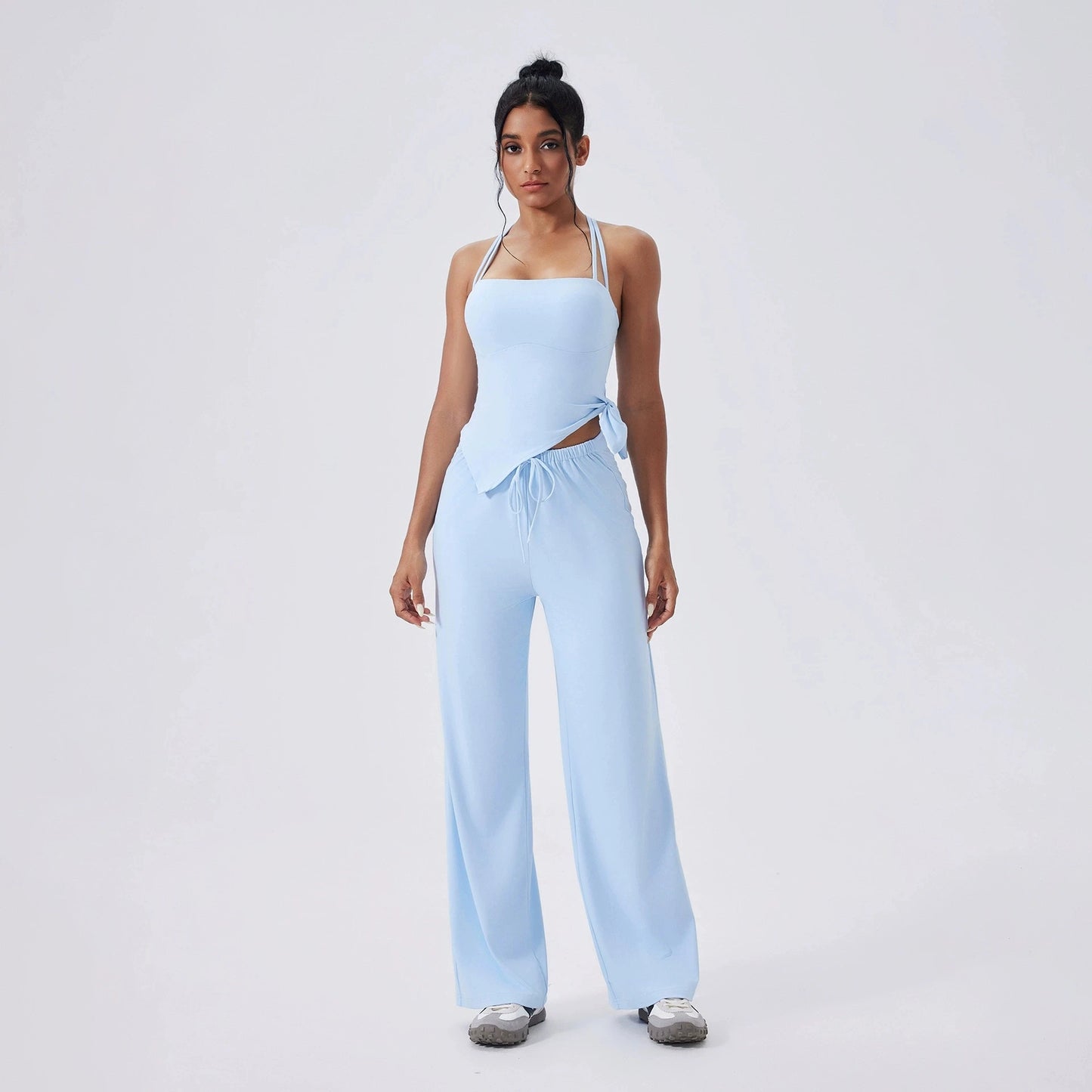 Conjunto de yoga de 2 piezas para mujer, camisetas deportivas con lazo lateral, top corto de entrenamiento, conjunto de fitness, leggings de cintura alta para correr y gimnasio