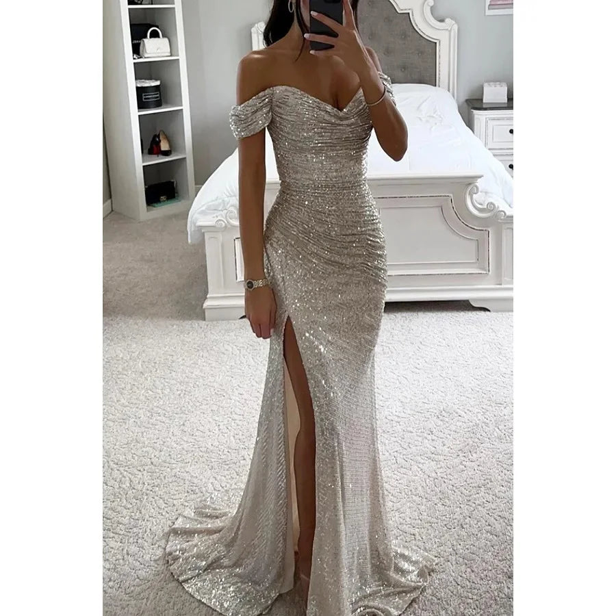 Vestido de fiesta sexy con abertura lateral y lentejuelas brillantes para mujer, de poliéster, sin bordes, ligero y a la moda.