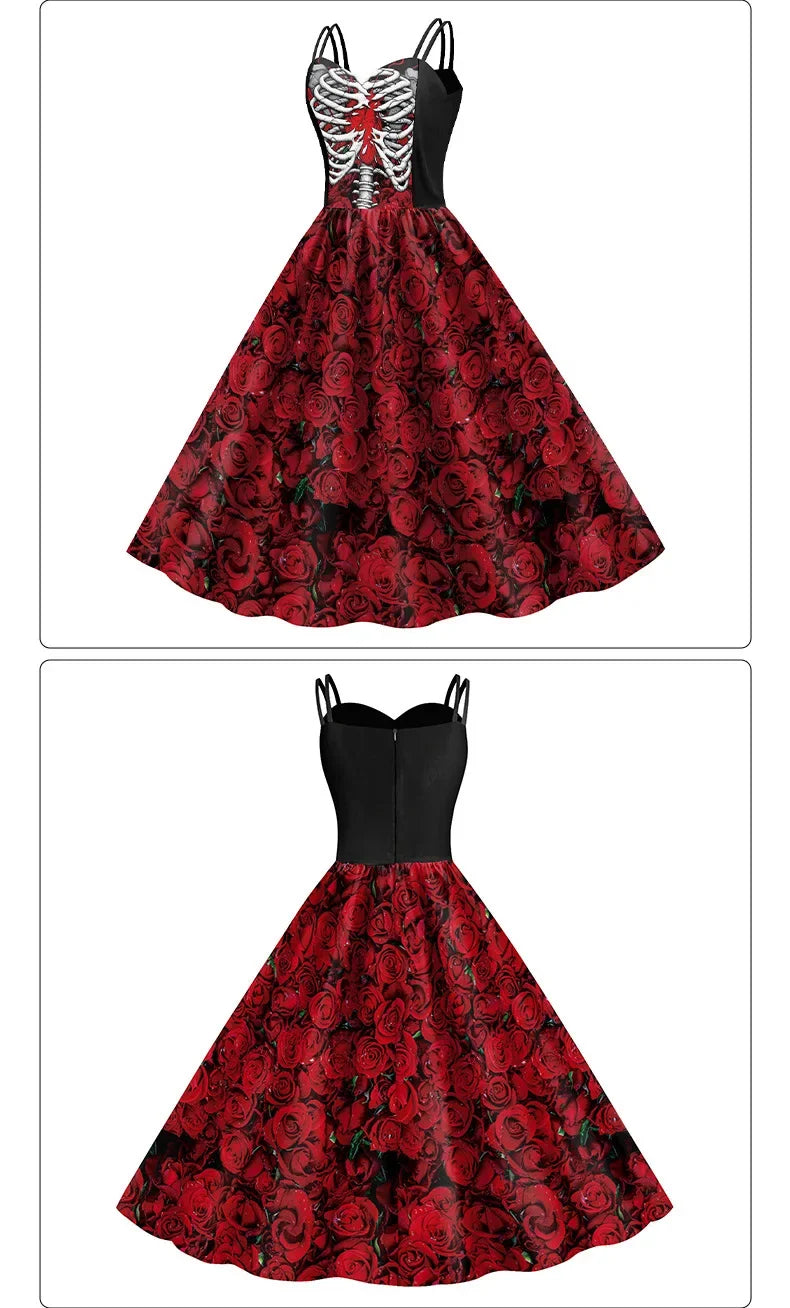 Halloween Costume Skeleton Rose Print Women Girl Female Goth Horror Rockabilly Carnival Fancy Dress Up Party Performance