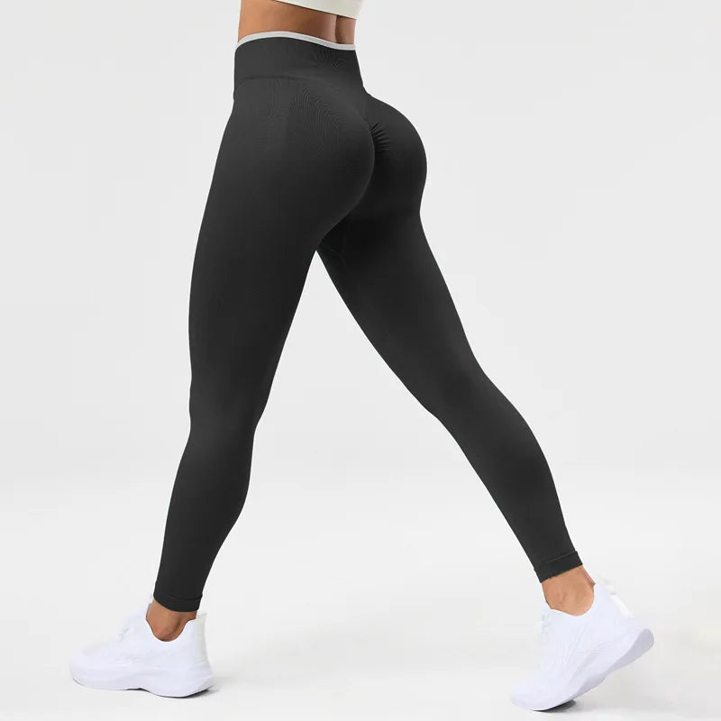VEQKING Color Contrast Sports Women Yoga Pants Ignite Sculpt Scrunch Sports Leggings Seamless Push Up Gym Elastic Workout Tights