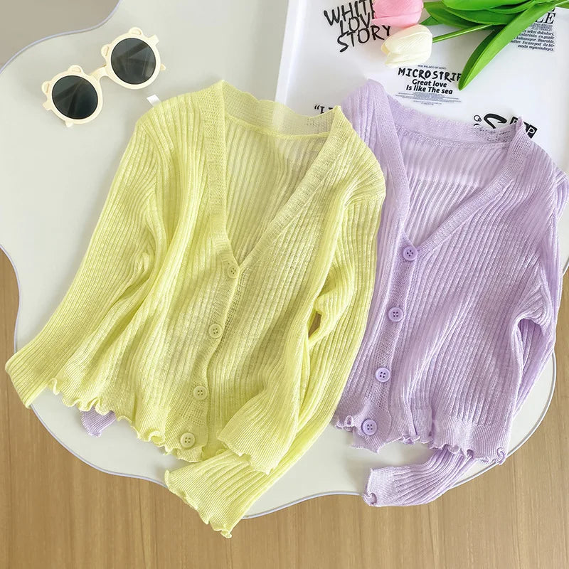 Ropa para niños, cárdigan de punto para niñas, novedad de verano 2025, estilo extranjero, camisa fina con protección solar para bebés.