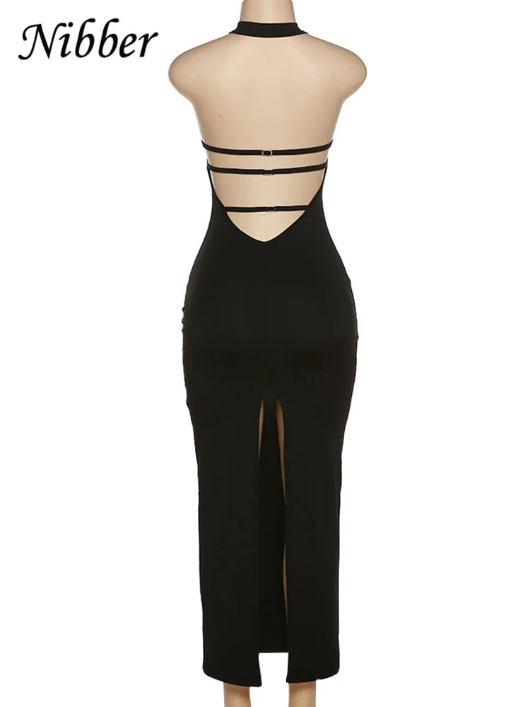 Vestido Nibber de moda para mujer, color liso, halter, sexy, espalda descubierta, abertura, bolso, corte ajustado, estilo cadera, colección verano 2025, rebajas, sencillo, vestidos