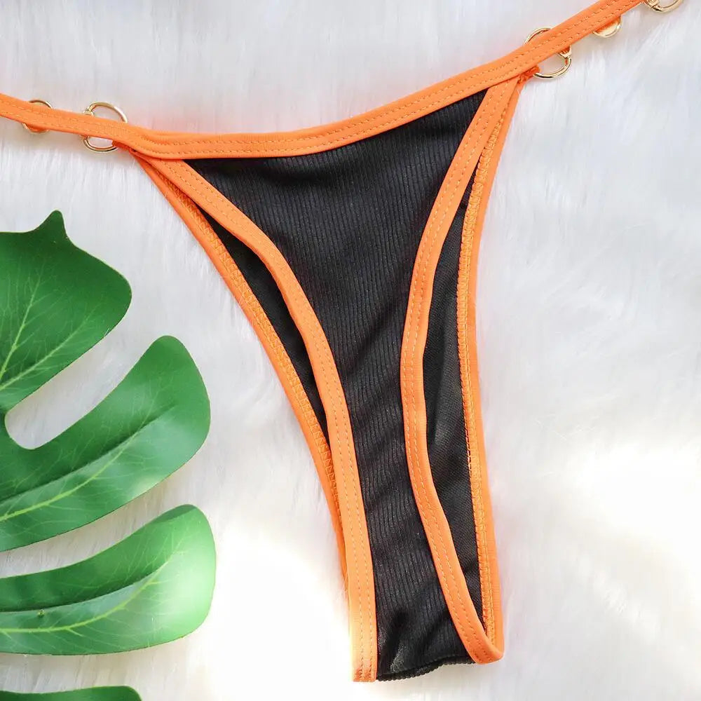 Bikini sexy con cuello halter y perlas para mujer, traje de baño femenino de dos piezas con ribete acanalado