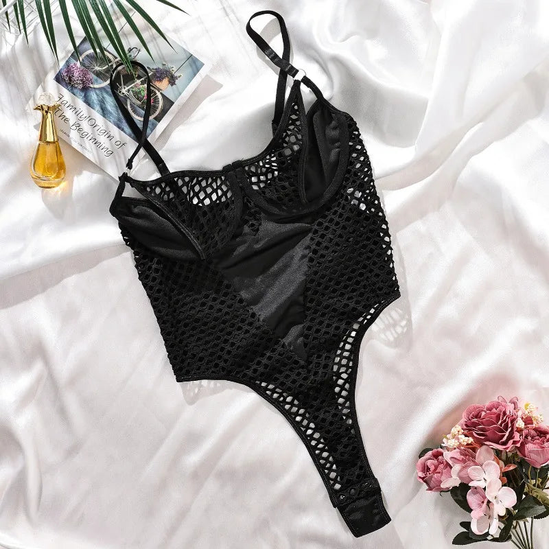 Body de encaje de malla de cintura alta para mujer, lencería erótica moldeadora, una pieza, ropa interior sensual, elegante.
