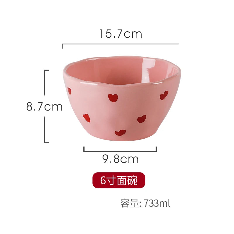 Ensaladera con diseño de corazón rosa, plato de cerámica, taza de café, tazón de postre para niños, platos de cena bonitos para el hogar, vajilla de restaurante