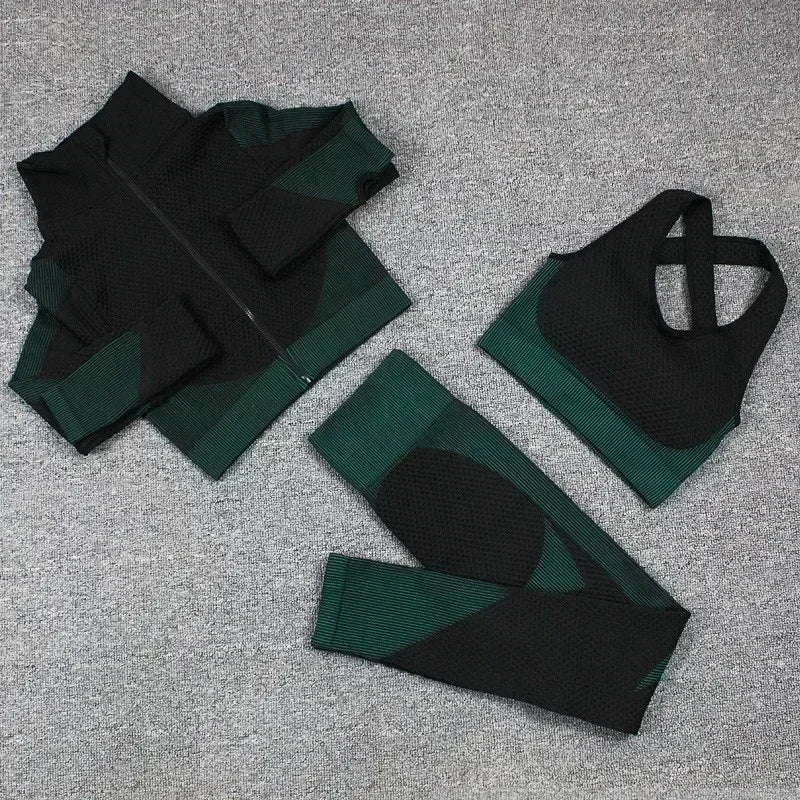Conjunto de 3 piezas de yoga sin costuras, chaleco deportivo de fitness, pantalones de cintura alta que levantan la cadera, ropa de entrenamiento, conjunto de leggings de gimnasio para mujer