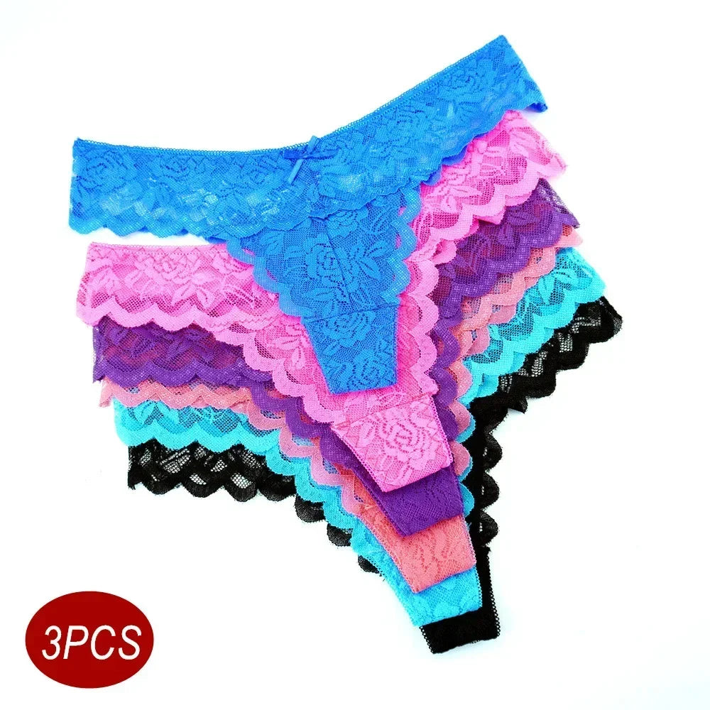 Tanga sexy de encaje de cintura baja para mujer, bragas transparentes, ropa interior erótica, 3 unidades, envío gratis