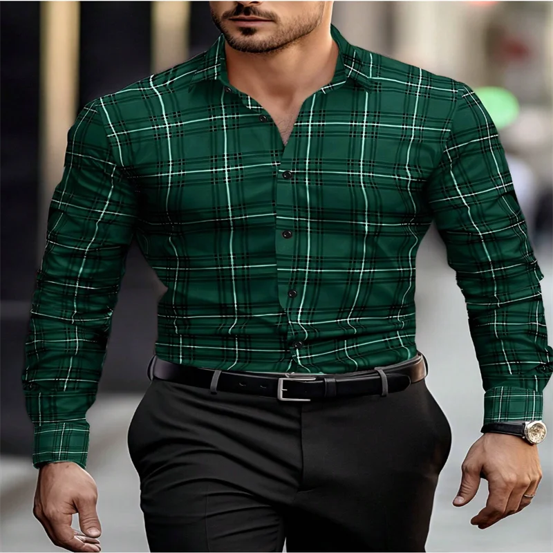 2024 new men's classic striped plaid long-sleeved shirt Men's classic red casual fashion shirt top