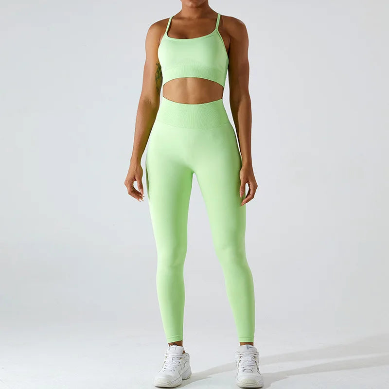 Conjunto de yoga de dos piezas para mujer, sujetador deportivo con espalda cruzada de color liso, top color miel melocotón, leggings de secado rápido para realce de cadera, traje deportivo de fitness