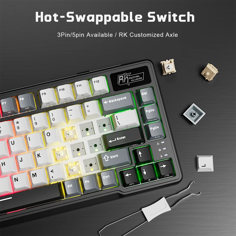 RK ROYAL KLUDGE L75 Teclado mecánico personalizable con cinco teclas de acceso directo, estructura de junta, retroiluminación RGB de tres modos, teclado para gamers