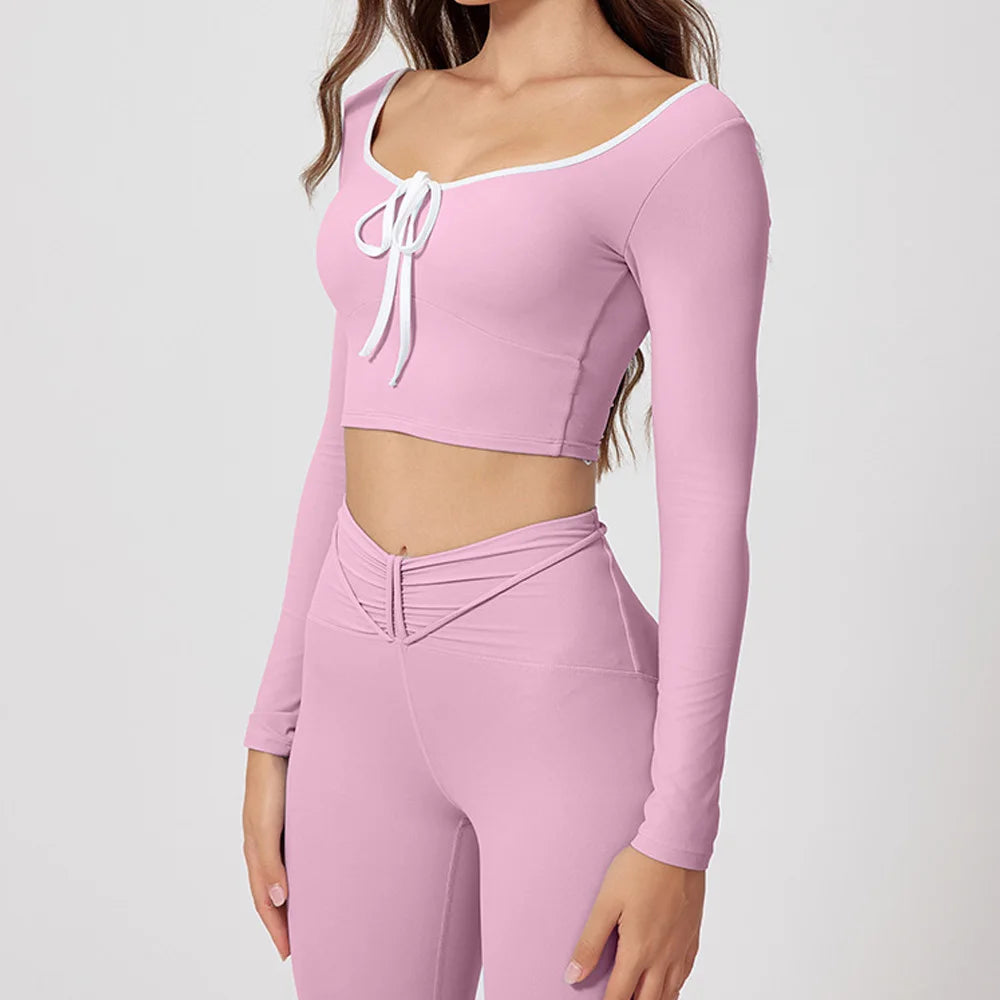 Conjunto de yoga para mujer: camiseta de manga larga, ropa deportiva, top corto, leggings de cintura alta y conjunto deportivo.
