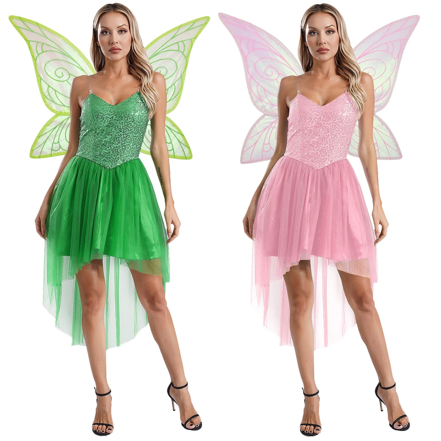 Womens Halloween Green Princess Dress Forest Tinker Costumes Bell Dress with Fairy Tale Wings for Carnival Roleplay Dress Up