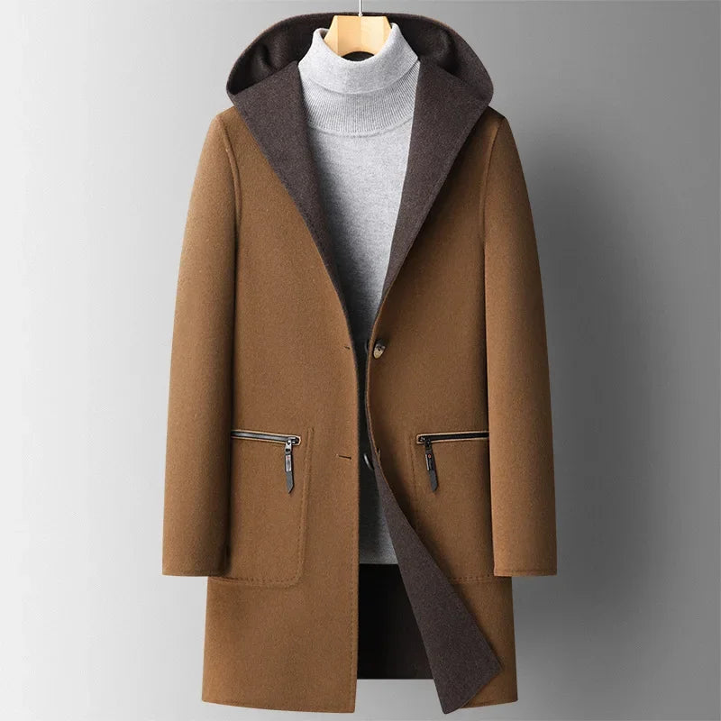 Gabardina de lana de doble faz de lujo y máxima calidad para hombre, estilo otoño-invierno, de largo medio y con capucha.