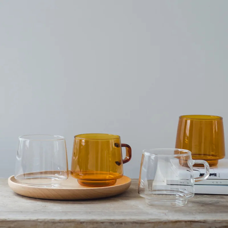 Taza de vidrio coloreada de 350 ml, resistente al calor, color ámbar, azul y verde, apilable, para café, té, 1 unidad