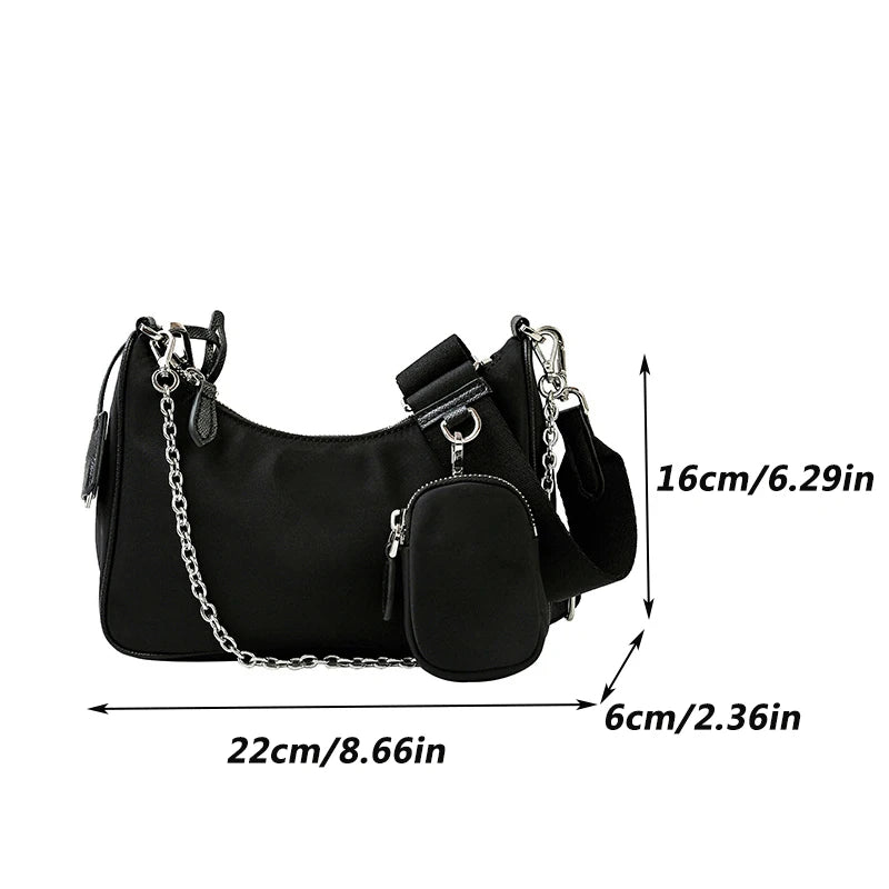 Bolso de hombro tipo hobo informal de nailon impermeable para mujer, moderno, con cadena negra decorativa, cruzado hasta la axila con monedero pequeño