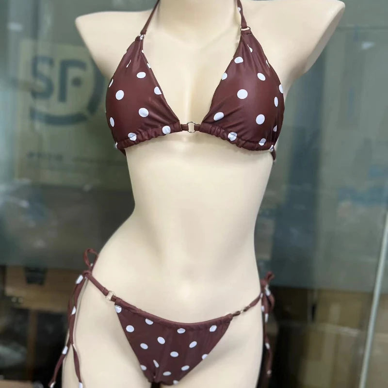 Conjunto de bikini de microbikini liso sexy de verano para mujer, traje de baño de tanga con lazo lateral, traje de baño femenino de vendaje, traje de baño brasileño, bikini