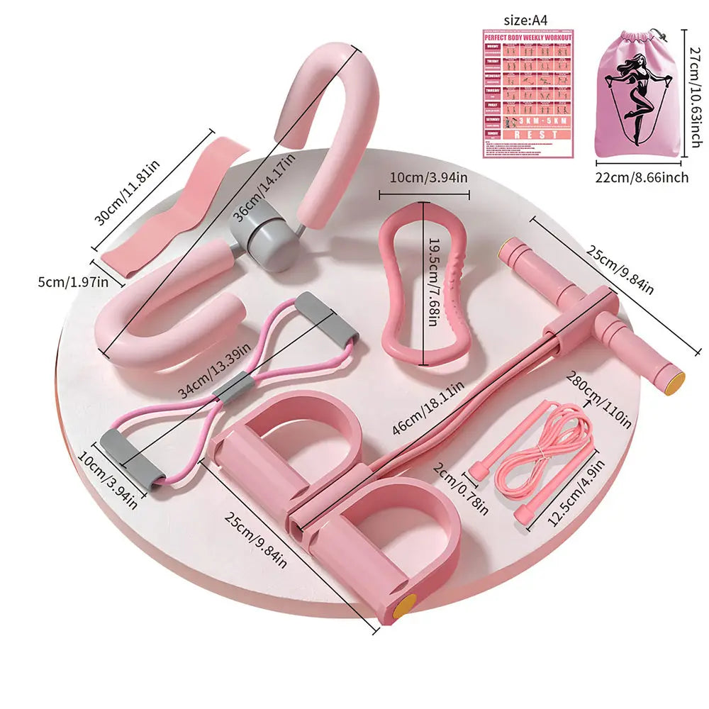 Juego de 8 piezas para yoga y fitness. Incluye tensor, pinza para piernas, cuerda para saltar, aro de yoga, banda de resistencia, ilustración de acción y bolsa de almacenamiento.