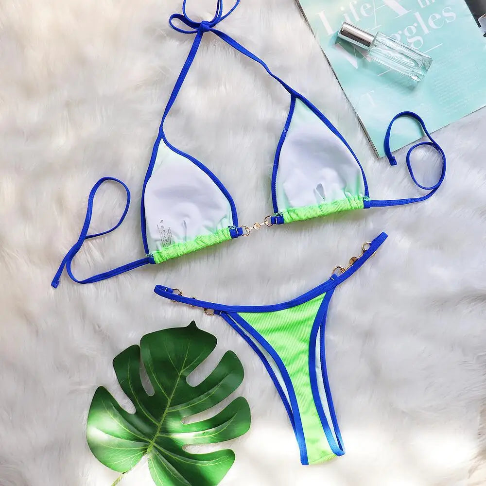 Bikini sexy con cuello halter y perlas para mujer, traje de baño femenino de dos piezas con ribete acanalado