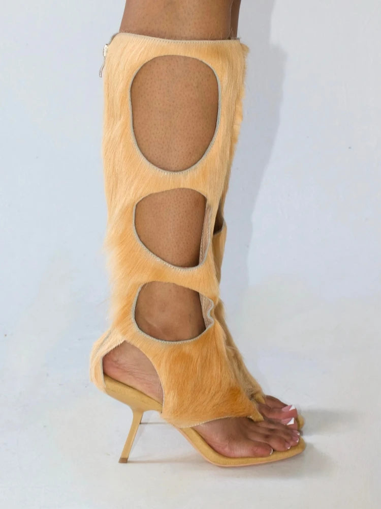 Botas de lujo para mujer (2025) | Tacón de aguja recortado con crin de caballo auténtica y cremallera trasera | Zapatos de vestir para fiestas de noche y club