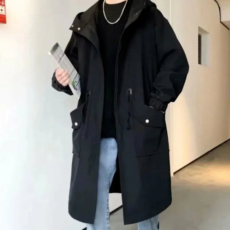 2025 Spring Autumn  Green Windbreaker Fashion Men Mid-length Casual Hooded Coat Men Daily High Street Overcoat Male Clothes