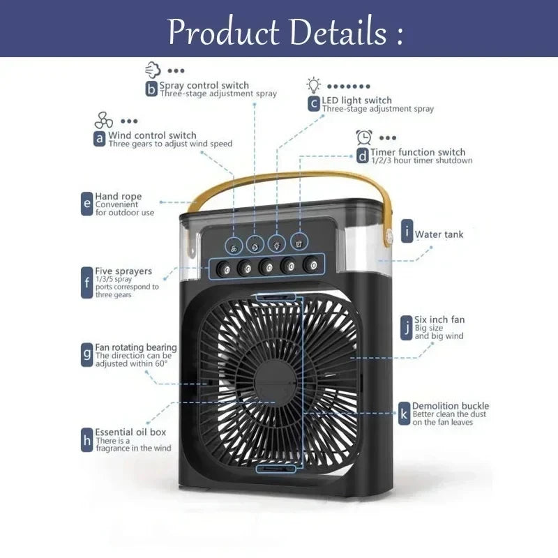 Ventilador 3 en 1, aire acondicionado pequeño para el hogar, enfriador de aire con luz LED nocturna, humidificador portátil, ventilador de ajuste de aire para oficina y hogar.