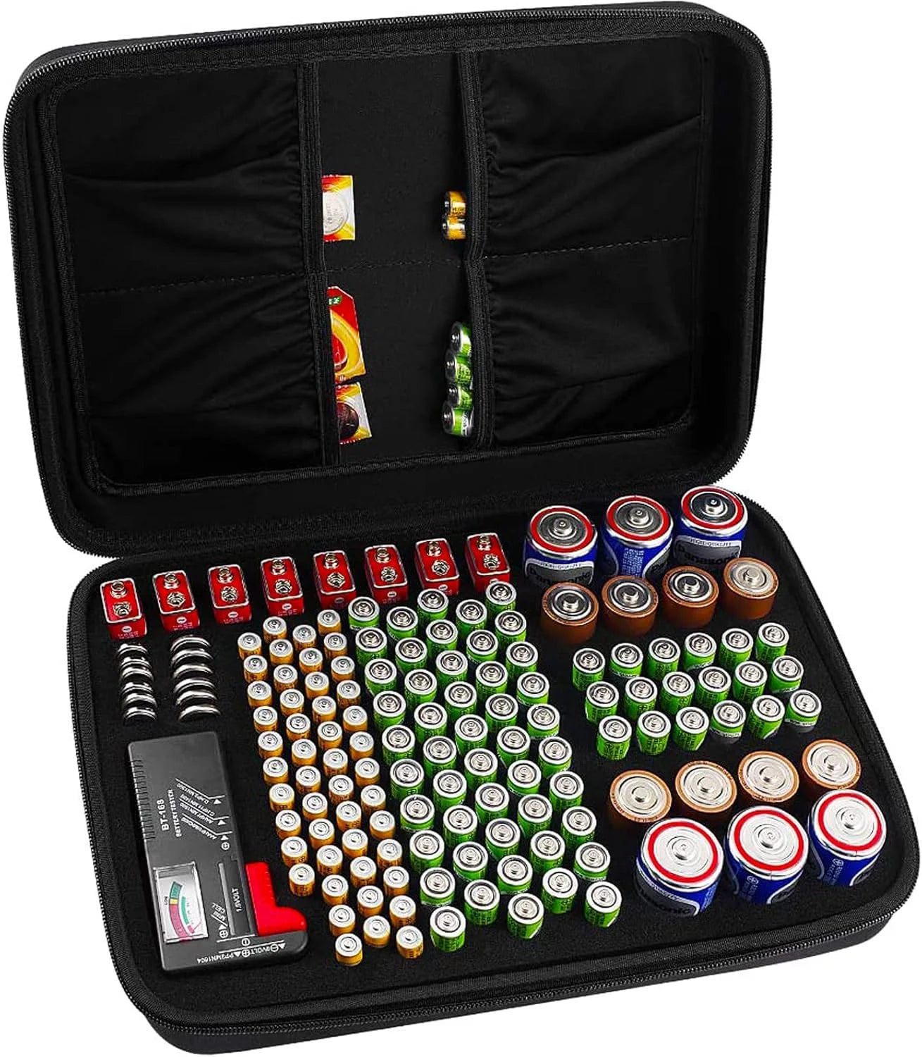Estuche organizador de baterías, contenedor para guardar baterías con comprobador. Caja organizadora para garaje.