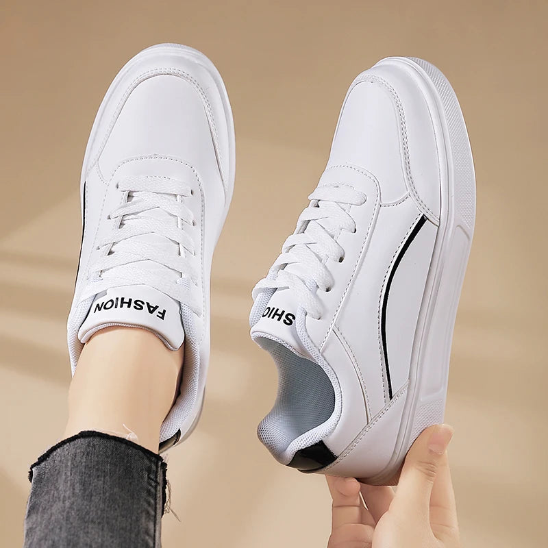 Zapatos blancos planos para mujer, informales, con cordones, de piel sintética, suela gruesa, de lujo, para exteriores