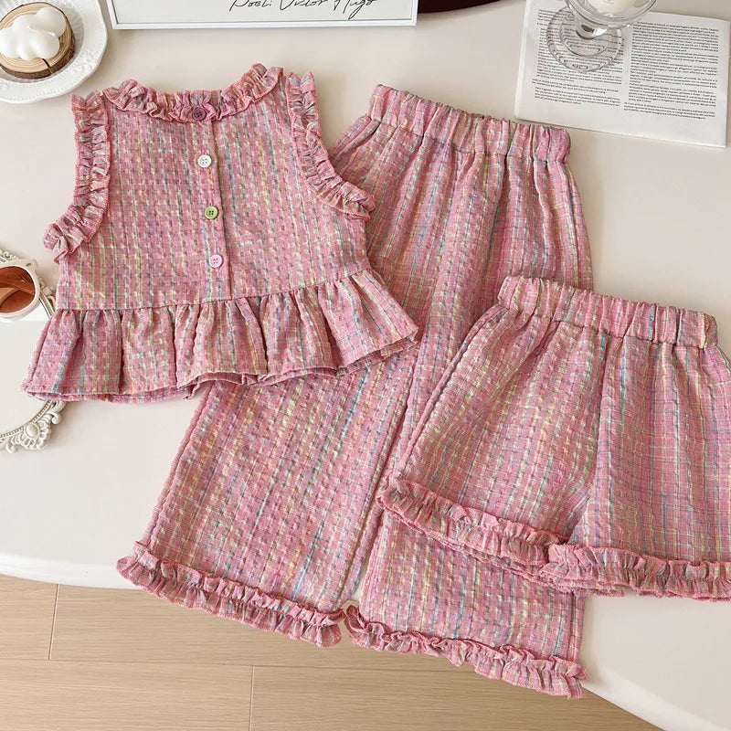 Conjuntos de ropa para niños: Top sin mangas con estampado a cuadros, pantalones anchos y pantalones cortos, conjunto de 3 piezas, ropa para niñas de 2 a 8 años.