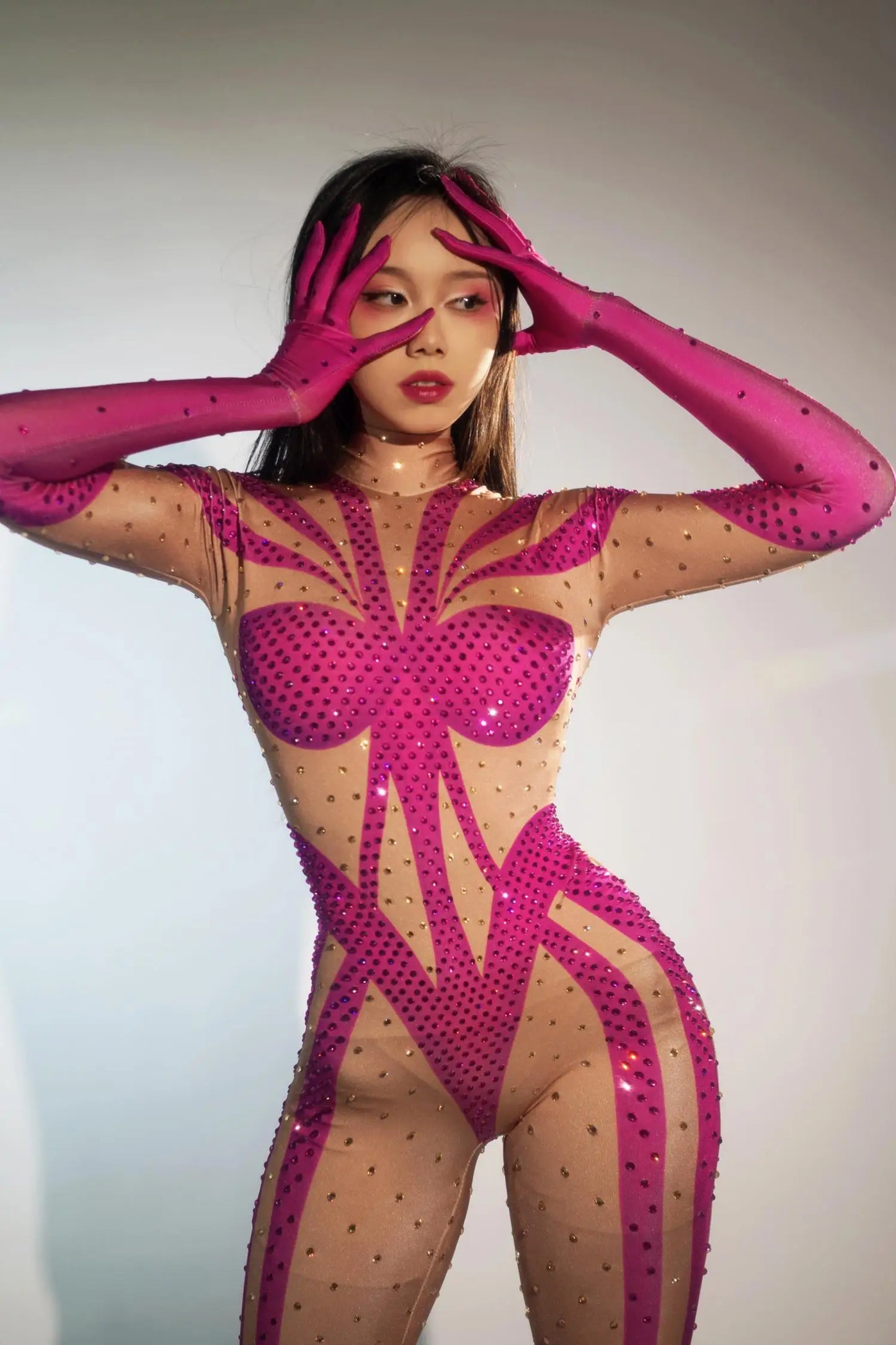 Female Sexy Stretch Long Sleeve Bodycon Bodysuit Exotic Pole Dancer Outfit Crystal Rompers Skinny Women Club Prom Party Jumpsuit