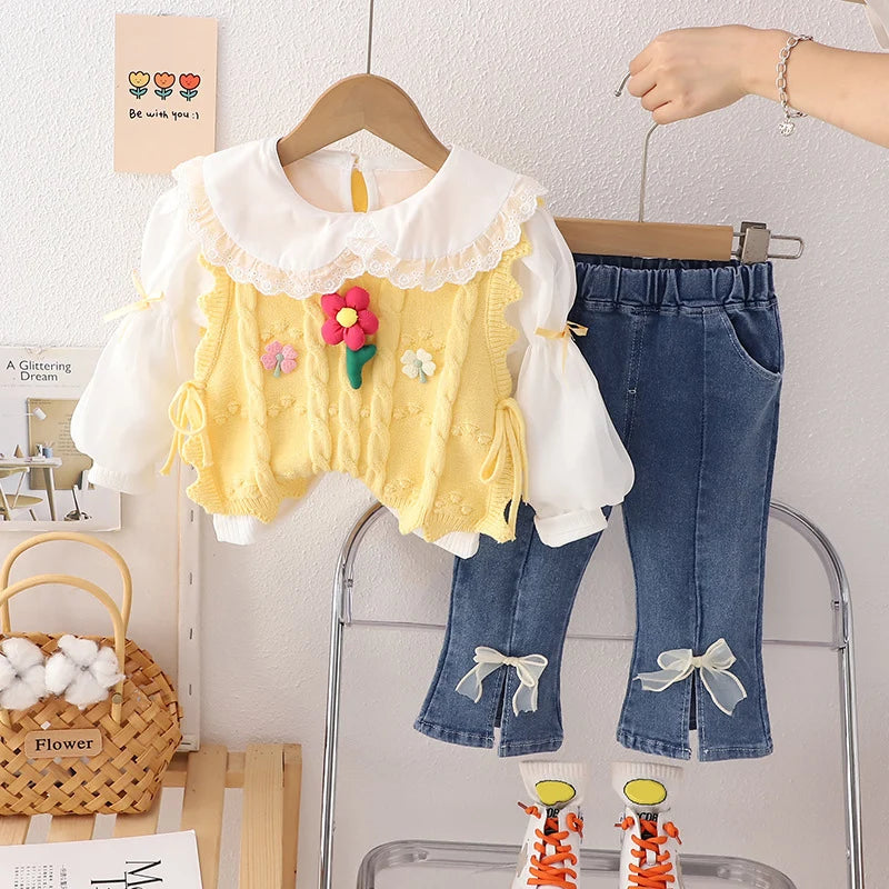 Conjuntos de ropa para niñas, camiseta, chaleco floral, pantalones vaqueros con lazo, ropa de bebé para primavera y otoño, conjuntos para bebés, chándal para niños