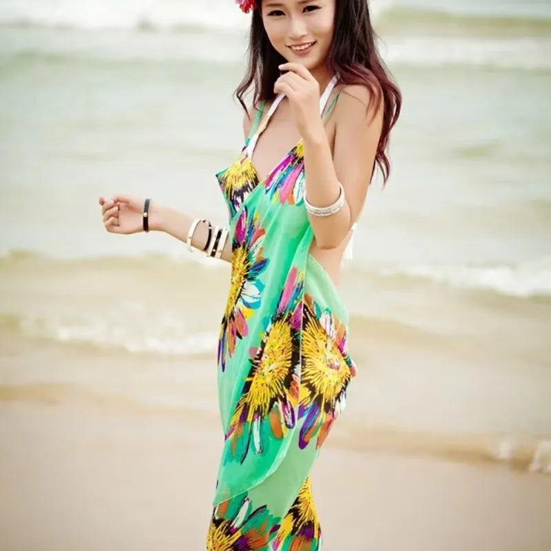 Vestido playero sexy con estampado para mujer, estilo halter, de gasa, tipo pareo, con espalda abierta