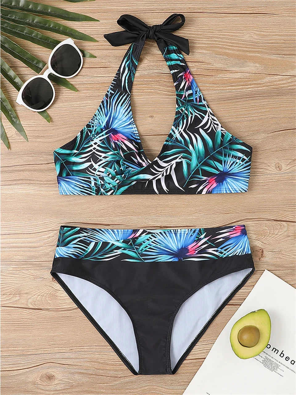 Conjunto de bikini con cuello en V 2024 para mujer, traje de baño de verano con estampado de rayas y patchwork, ropa de playa, traje de baño para mujer, talla 2XL