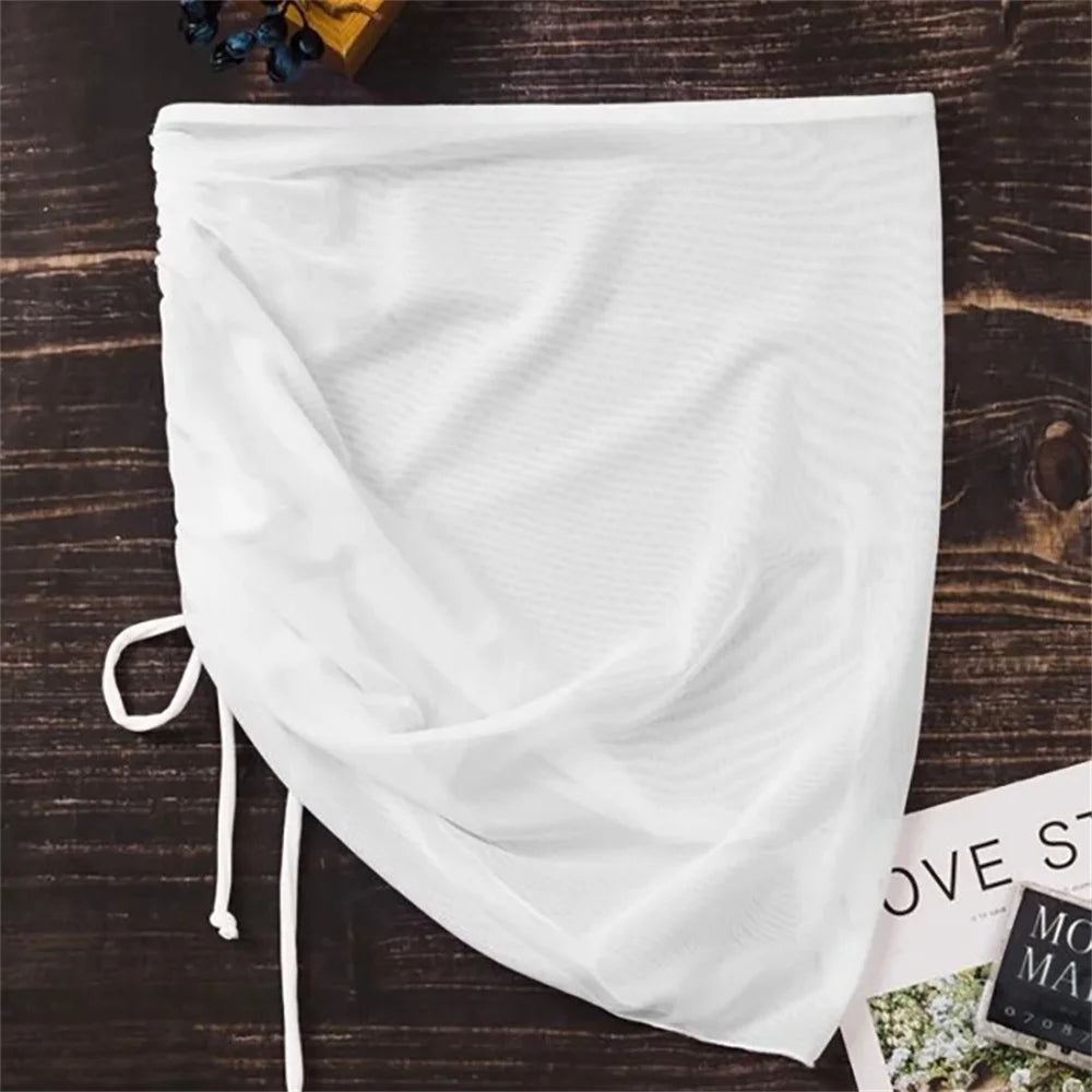 Traje de baño sexy translúcido, falda de playa, falda de gasa para vacaciones en la playa, falda con volantes, falda de malla con cordón ajustable, ropa de playa sólida, falda a la cadera