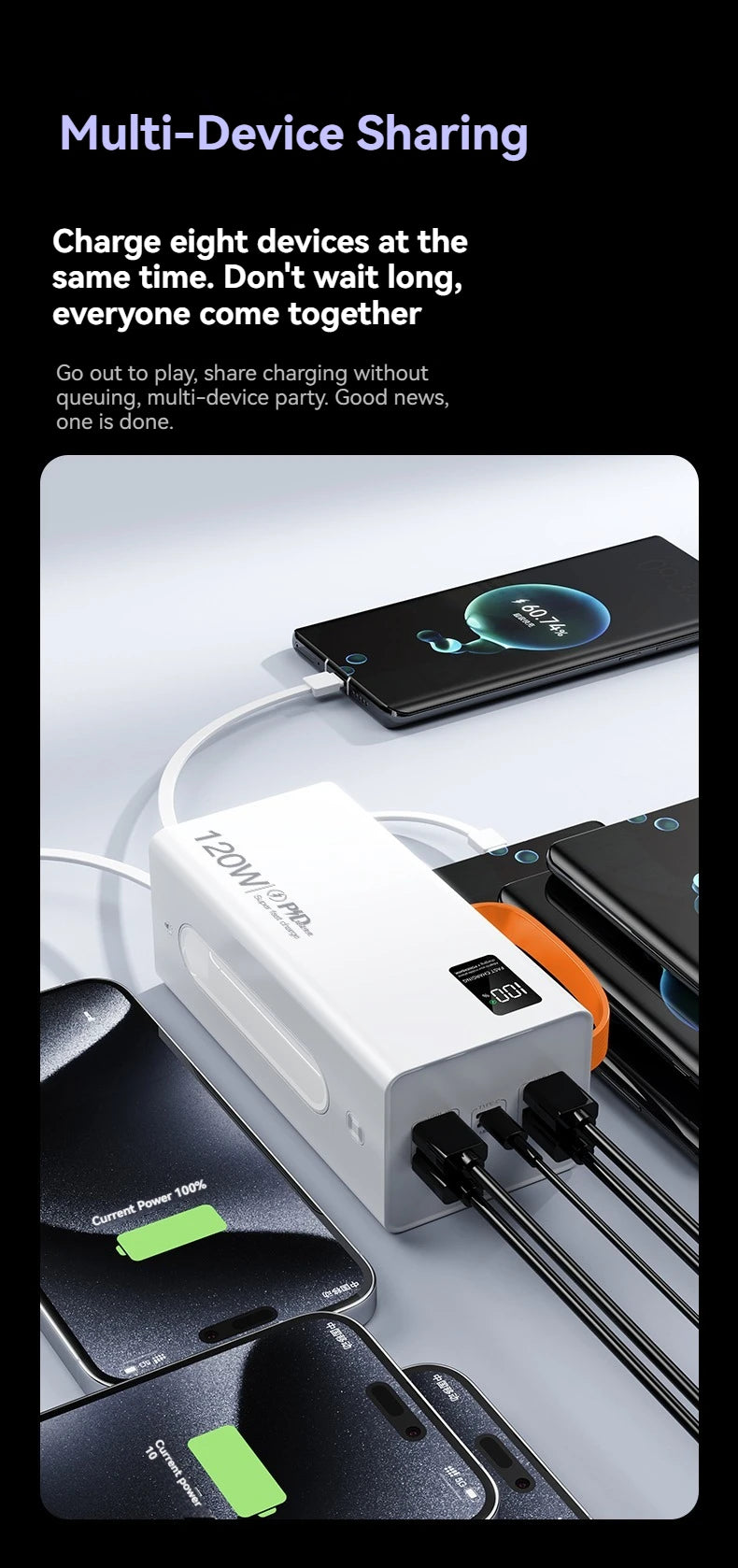 Cargador portátil de alta capacidad Oneplus de 500.000 mAh y 120 W, 4 en 1, con carga rápida y cables, para Samsung y iPhone.