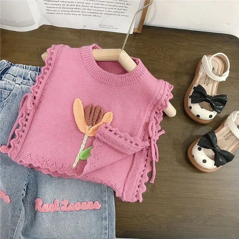 Conjuntos de ropa para niños de 2 a 7 años, chaleco de punto rosa y vaqueros, conjunto de verano para bebés y niños pequeños.
