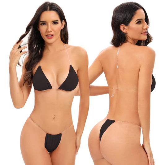Traje de baño para mujer, bikini sexy transparente con tirantes triangulares, tanga de dos piezas, color sólido, ropa de playa, traje de baño para spa