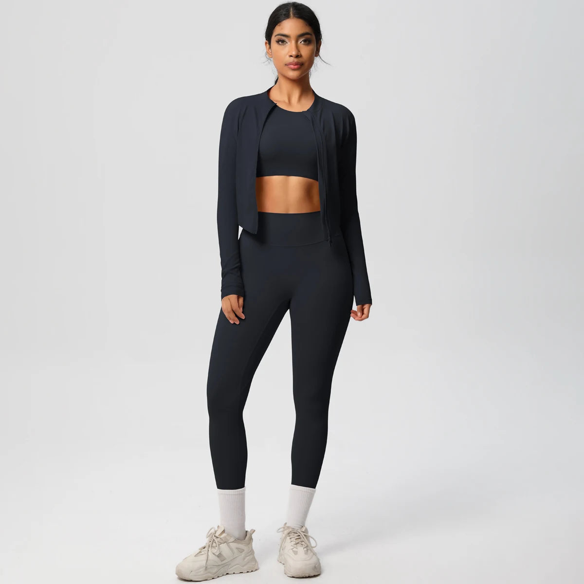 Conjunto de leggings de yoga, top deportivo con cremallera y manga larga, transpirable, para correr al aire libre, pantalones de yoga ajustados e informales, ropa de fitness