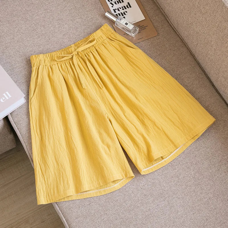 Pantalones cortos de algodón para mujer, informales, de verano, con dos bolsillos, de cintura alta, holgados, suaves y frescos.