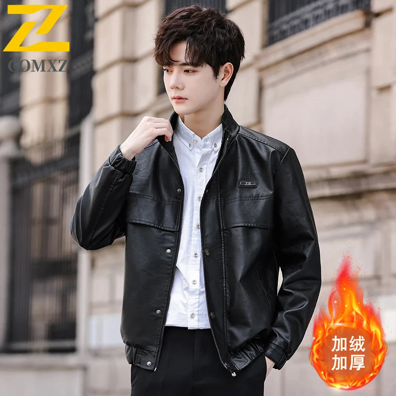 Chaqueta de piel sintética para hombre, otoño 2025, moderna, con cuello alto de forro polar, de piel sintética, resistente al viento, para motocicleta, ropa de abrigo.