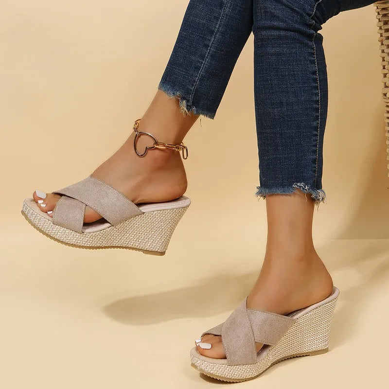 Sandalias de tacón alto de lujo para mujer, sandalias de cuña con alpargatas, zapatos de plataforma con punta abierta, sandalias deslizantes para exteriores