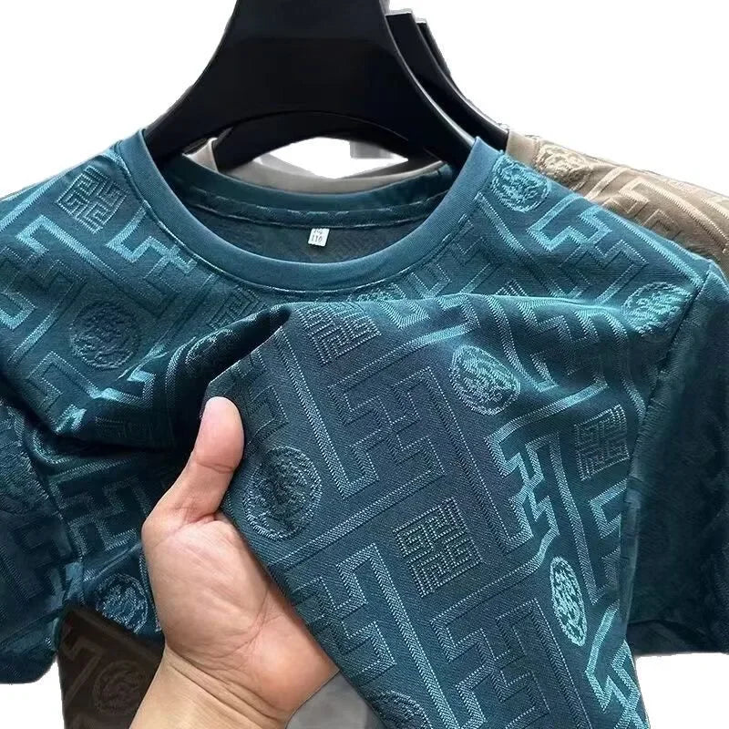 Camiseta de manga corta de seda de hielo para hombre, económica, informal, de cuello redondo, transpirable, de verano, a la moda, de media manga y cuello redondo.