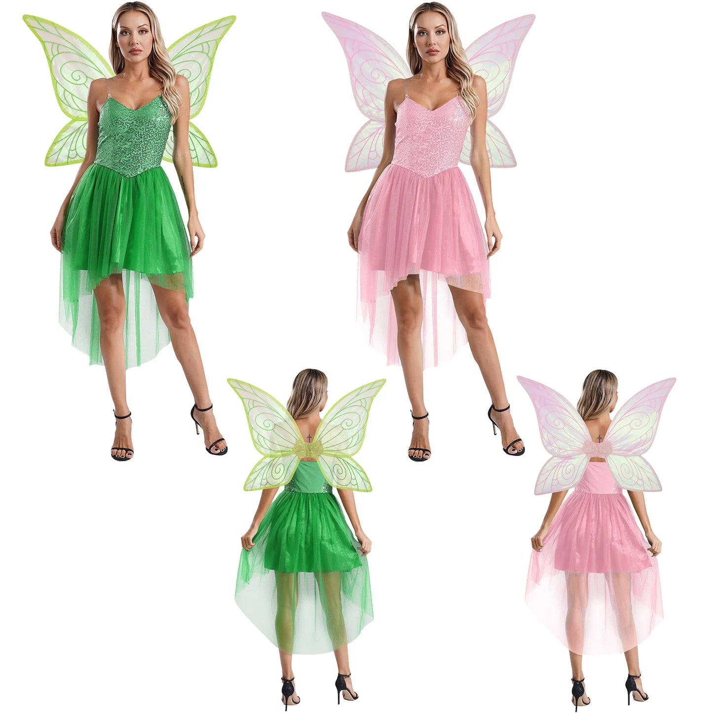 Womens Halloween Green Princess Dress Forest Tinker Costumes Bell Dress with Fairy Tale Wings for Carnival Roleplay Dress Up