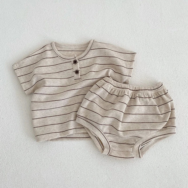 Ropa para niños de 0 a 3 años, conjunto de camiseta y pantalones cortos de algodón puro a rayas de verano, conjunto de manga corta para niñas y vacaciones en la playa